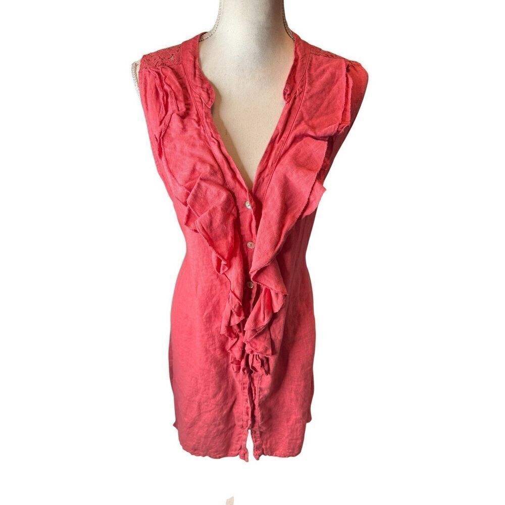 Terzo Millennio Made In Italy 100% Linen Salmon Ruffle Tie Back Dress S Medium